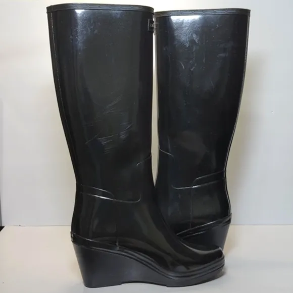 Hunter original refined mid wedge gloss tall rain boots women's size 8 EU 39