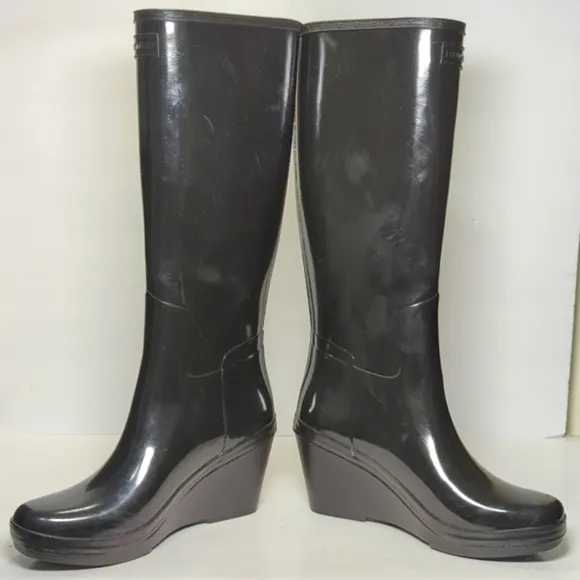 Hunter original refined mid wedge gloss tall rain boots women's size 8 EU 39