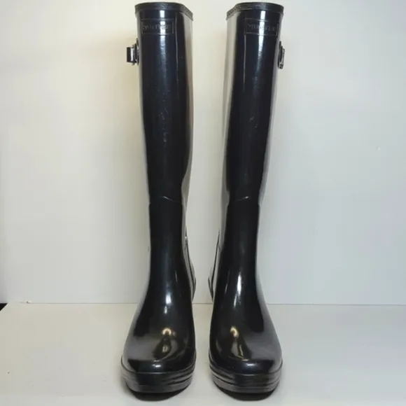 Hunter original refined mid wedge gloss tall rain boots women's size 8 EU 39