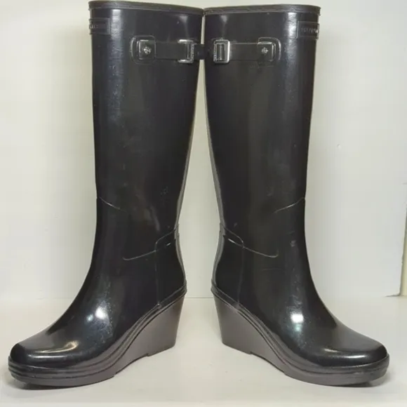 Hunter original refined mid wedge gloss tall rain boots women's size 8 EU 39