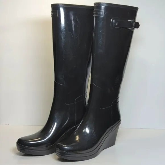 Hunter original refined mid wedge gloss tall rain boots women's size 8 EU 39