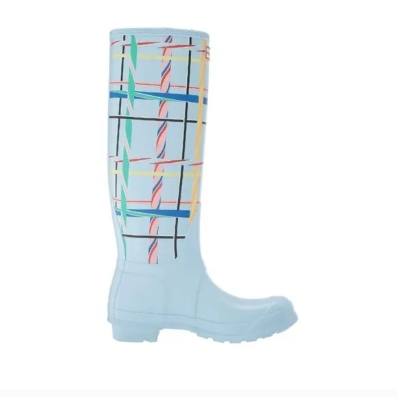 Hunter Original Tall Tartan Rain boots in Boat Blue | size 8