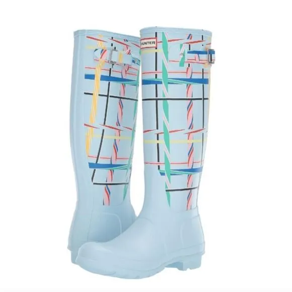 Hunter Original Tall Tartan Rain boots in Boat Blue | size 8