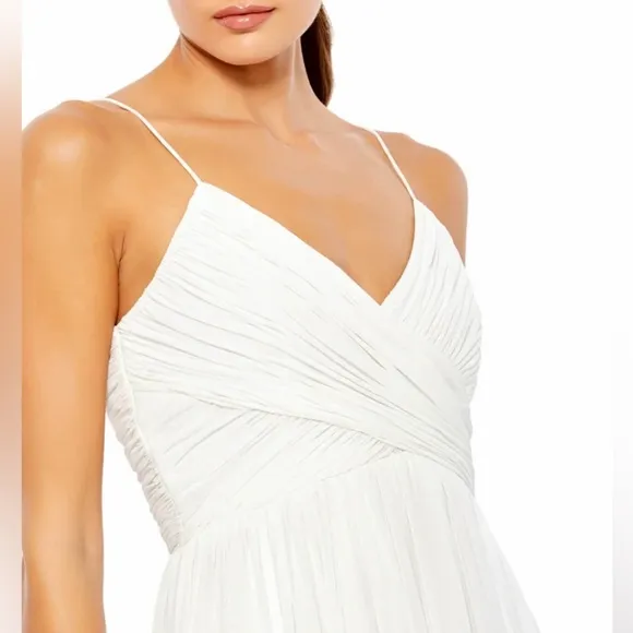 Ieena for Mac Duggal CWhite Sleeveless Midi Dress White Spaghetti Strap Dress L