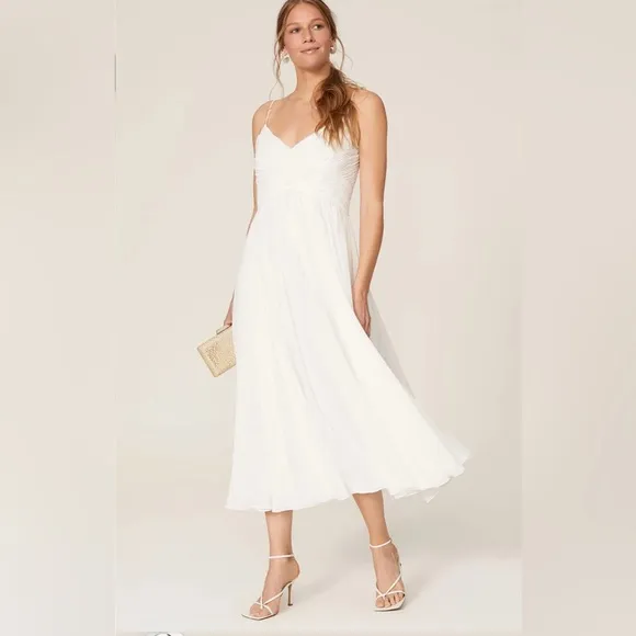 Ieena for Mac Duggal CWhite Sleeveless Midi Dress White Spaghetti Strap Dress L