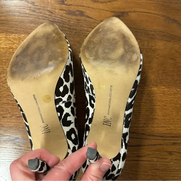 INC International Concepts Black White Leopard Print Heels Pumps Almond Toe 10