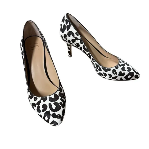 INC International Concepts Black White Leopard Print Heels Pumps Almond Toe 10
