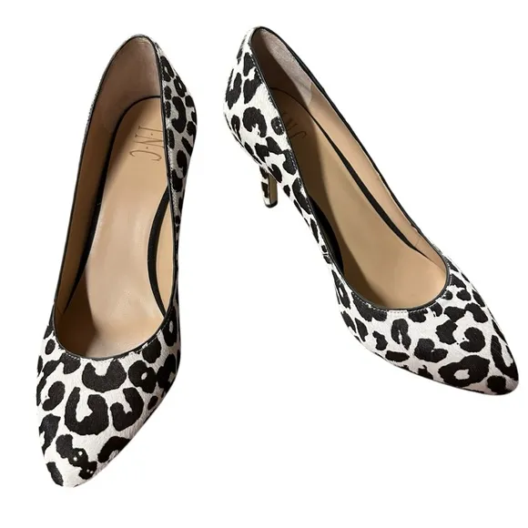 INC International Concepts Black White Leopard Print Heels Pumps Almond Toe 10