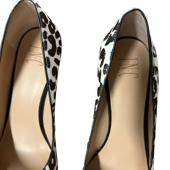 INC International Concepts Black White Leopard Print Heels Pumps Almond Toe 10