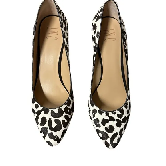 INC International Concepts Black White Leopard Print Heels Pumps Almond Toe 10