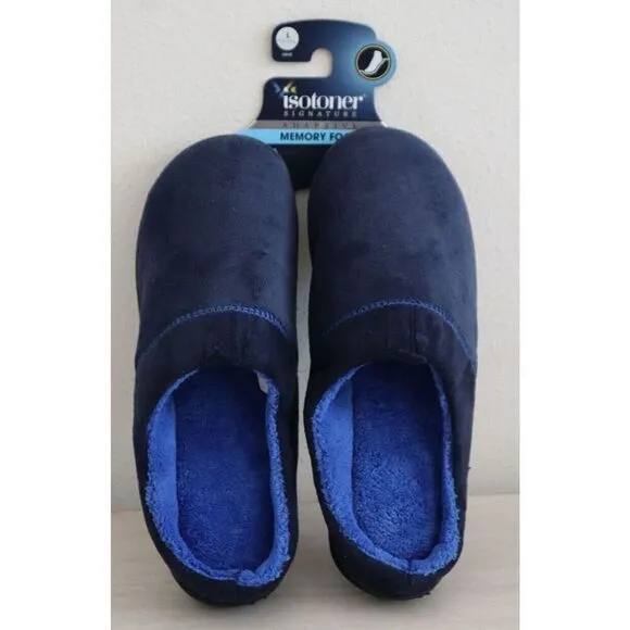 Isotoner A92509 Men Sz L (9.5-10.5) Navy Blue Jared Memory Foam Moc Slippers