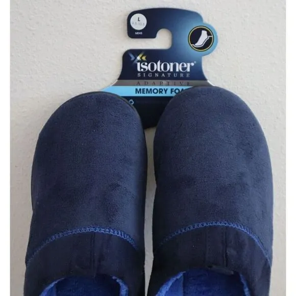 Isotoner A92509 Men Sz L (9.5-10.5) Navy Blue Jared Memory Foam Moc Slippers
