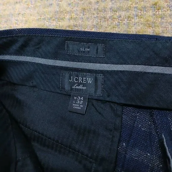 J crew men 34/32 slim fit WOOL SILK CASHMERE navy blue dress pants tartan plaid