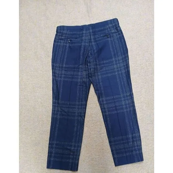 J crew men 34/32 slim fit WOOL SILK CASHMERE navy blue dress pants tartan plaid