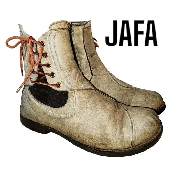 JAFA Gray Tan Leather Laces Detail Well Loved Distressed Zip Close Ankle Boots 6