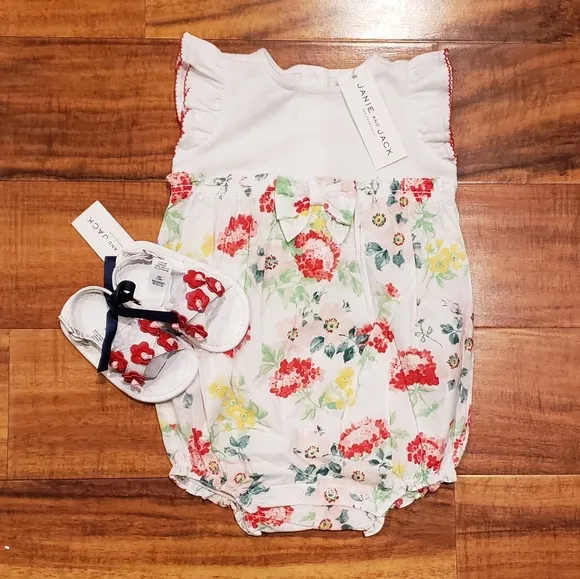 Janie and Jack NWT 12-18 months floral romper and matching shoes