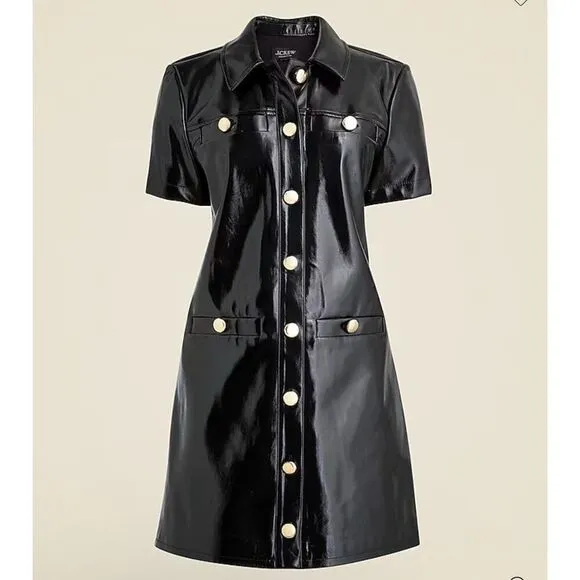 J.Crew Collection Gamine Shirtdress Faux Patent Leather Dress Black Size 2 NWT