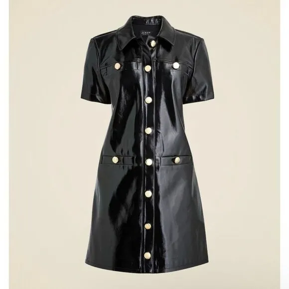 J.Crew Collection Gamine Shirtdress Faux Patent Leather Dress Black Size 2 NWT