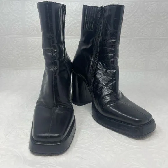 Jeffery Campbell Black Leather Side Zip Square Toe Maximal-Lo Ankle Boots Size 9