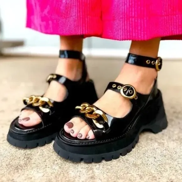Jeffrey Campbell Crunched SandalChunky Heel Sandals Gold Accents NWT 9