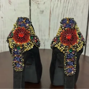JEFFREY CAMPBELL EVA CROSS black suede platform pumps with sequins &amp; Beads 6.5