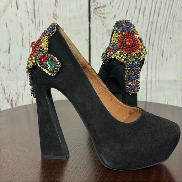 JEFFREY CAMPBELL EVA CROSS black suede platform pumps with sequins &amp; Beads 6.5
