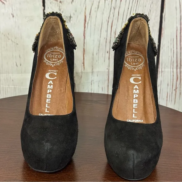 JEFFREY CAMPBELL EVA CROSS black suede platform pumps with sequins &amp; Beads 6.5