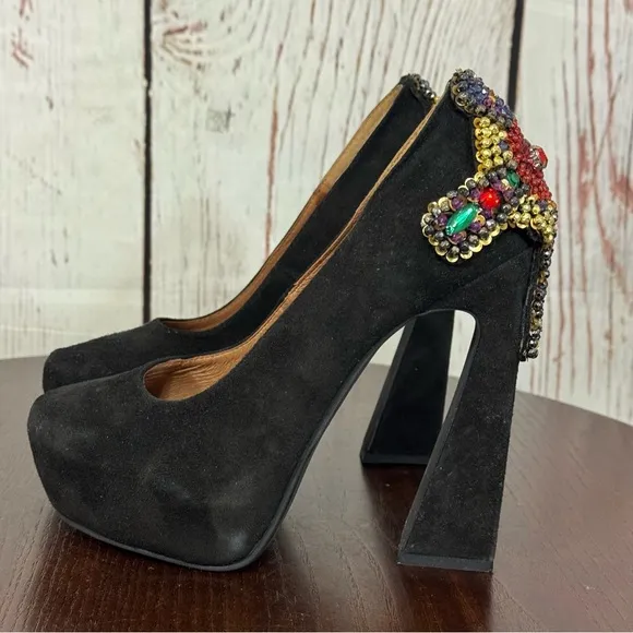 JEFFREY CAMPBELL EVA CROSS black suede platform pumps with sequins &amp; Beads 6.5