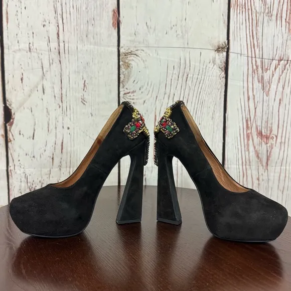 JEFFREY CAMPBELL EVA CROSS black suede platform pumps with sequins &amp; Beads 6.5