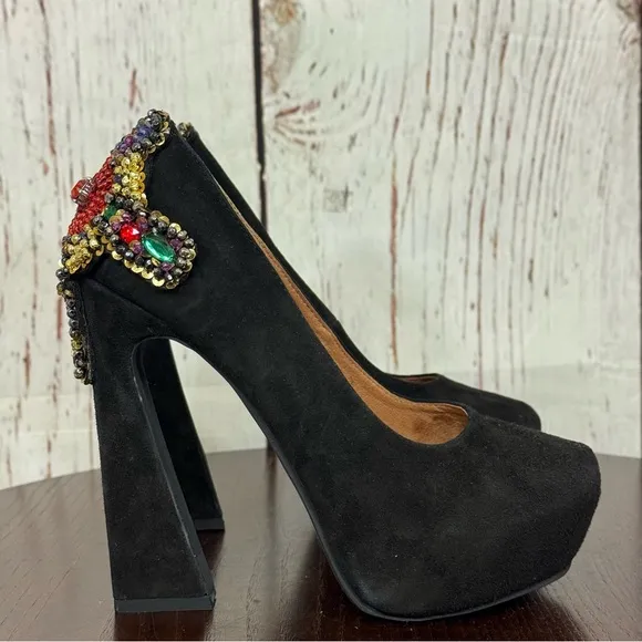 JEFFREY CAMPBELL EVA CROSS black suede platform pumps with sequins &amp; Beads 6.5