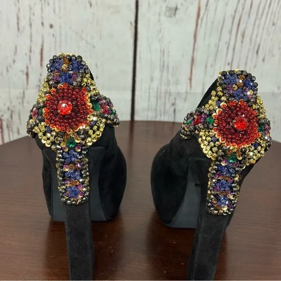 JEFFREY CAMPBELL EVA CROSS black suede platform pumps with sequins &amp; Beads 6.5