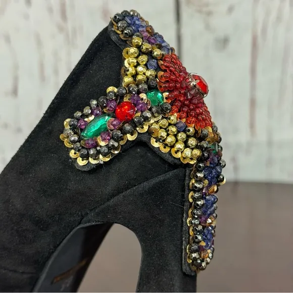 JEFFREY CAMPBELL EVA CROSS black suede platform pumps with sequins &amp; Beads 6.5