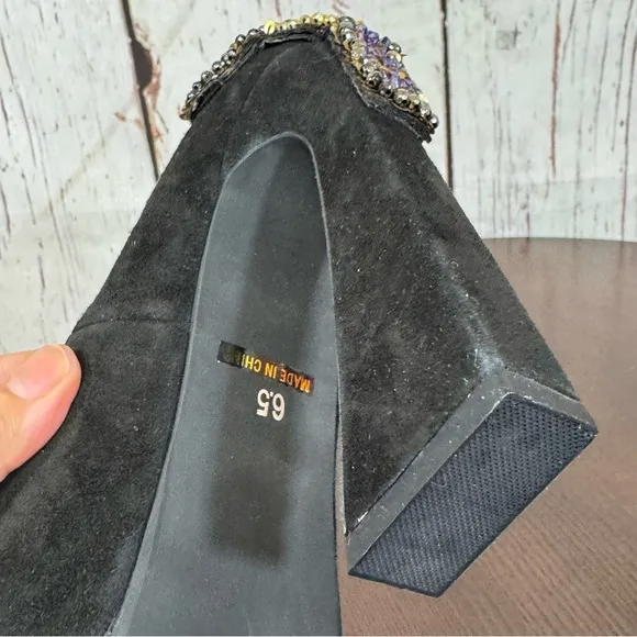 JEFFREY CAMPBELL EVA CROSS black suede platform pumps with sequins &amp; Beads 6.5