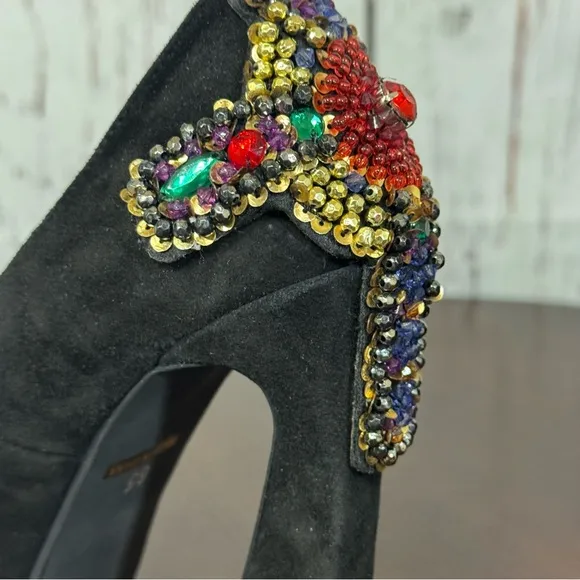 JEFFREY CAMPBELL EVA CROSS black suede platform pumps with sequins &amp; Beads 6.5