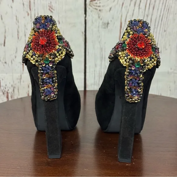 JEFFREY CAMPBELL EVA CROSS black suede platform pumps with sequins &amp; Beads 6.5
