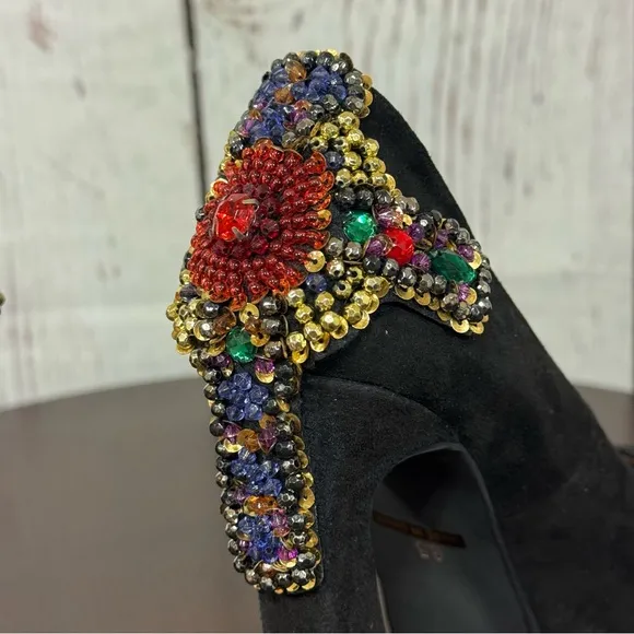 JEFFREY CAMPBELL EVA CROSS black suede platform pumps with sequins &amp; Beads 6.5