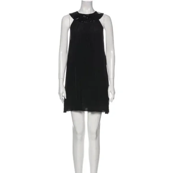 Jenni Kayne Black Silk Mini Dress with Leather Collar