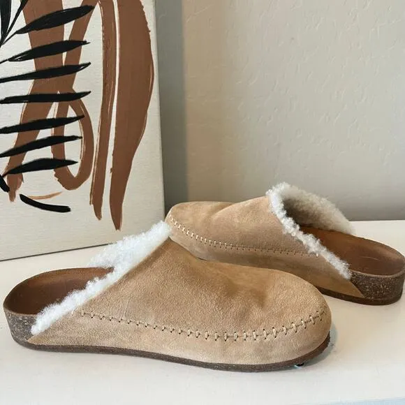 Jenni Kayne Suede Suede Shearling Moc Clog Natural Beige Mule Size 37