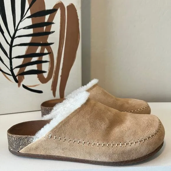 Jenni Kayne Suede Suede Shearling Moc Clog Natural Beige Mule Size 37