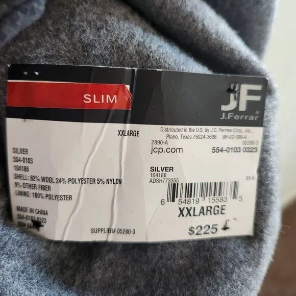 J.Ferrar men's 2XL plus size wool double breasted coat grey high neck vest