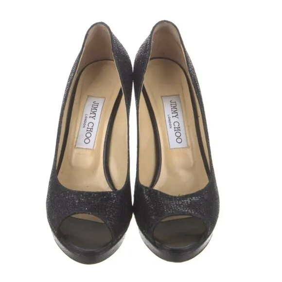Jimmy Choo Black Glitter Accents Peep Toe Pumps Heels US 7.5, IT 37.5