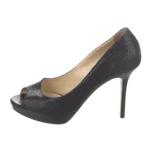 Jimmy Choo Black Glitter Accents Peep Toe Pumps Heels US 7.5, IT 37.5