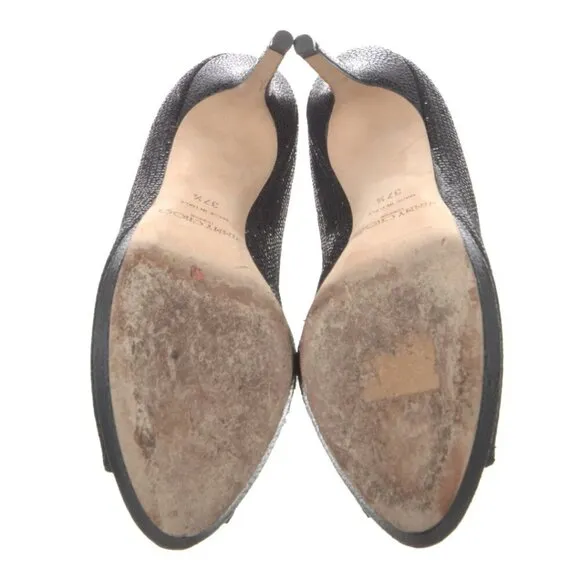 Jimmy Choo Black Glitter Accents Peep Toe Pumps Heels US 7.5, IT 37.5