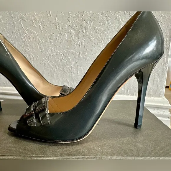 Jimmy Choo Metallic Gray Patent Leather Double Buckle Pumps