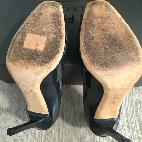 Jimmy Choo Metallic Gray Patent Leather Double Buckle Pumps