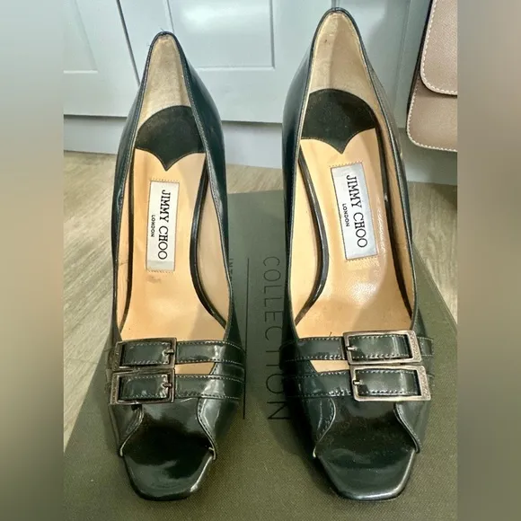 Jimmy Choo Metallic Gray Patent Leather Double Buckle Pumps