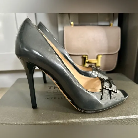 Jimmy Choo Metallic Gray Patent Leather Double Buckle Pumps