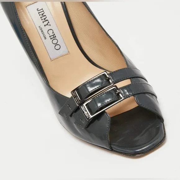 Jimmy Choo Metallic Gray Patent Leather Double Buckle Pumps