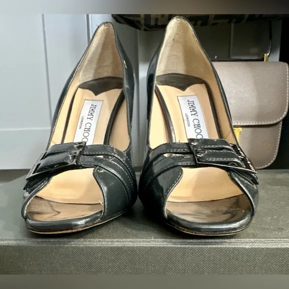 Jimmy Choo Metallic Gray Patent Leather Double Buckle Pumps