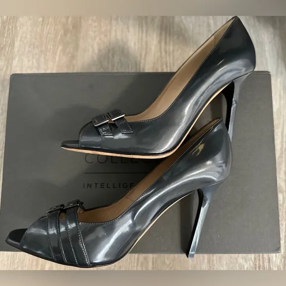 Jimmy Choo Metallic Gray Patent Leather Double Buckle Pumps